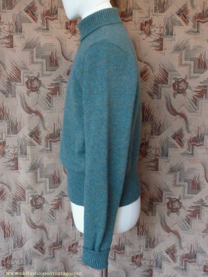Old Fashioned Garments Vintage Reproduction 1930s 1940s Mens Roll Neck Jumper Myrtle Green Melange Polo Turtle Sweater M