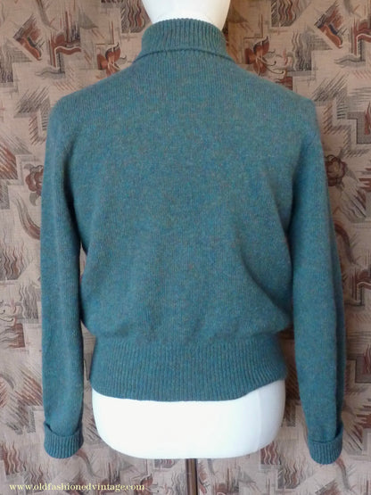 Old Fashioned Garments Vintage Reproduction 1930s 1940s Mens Roll Neck Jumper Myrtle Green Melange Polo Turtle Sweater M
