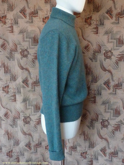 Old Fashioned Garments Vintage Reproduction 1930s 1940s Mens Roll Neck Jumper Myrtle Green Melange Polo Turtle Sweater M