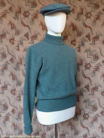 Old Fashioned Garments Vintage Reproduction 1930s 1940s Mens Roll Neck Jumper Myrtle Green Melange Polo Turtle Sweater M