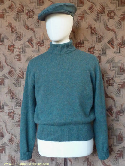Old Fashioned Garments Vintage Reproduction 1930s 1940s Mens Roll Neck Jumper Myrtle Green Melange Polo Turtle Sweater M