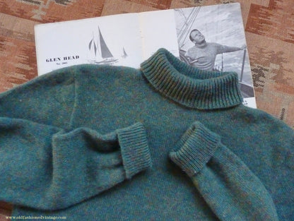 Old Fashioned Garments Vintage Reproduction 1930s 1940s Mens Roll Neck Jumper Myrtle Green Melange Polo Turtle Sweater M