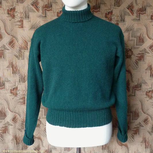 Old Fashioned Garments Vintage Reproduction 1940s Mens Roll Neck Jumper Forest Green Polo Turtle Sweater M/L
