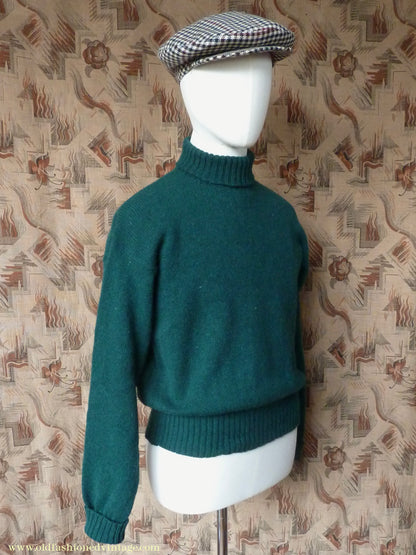 Old Fashioned Garments Vintage Reproduction 1940s Mens Roll Neck Jumper Forest Green Polo Turtle Sweater M/L