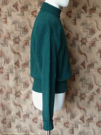 Old Fashioned Garments Vintage Reproduction 1940s Mens Roll Neck Jumper Forest Green Polo Turtle Sweater M/L