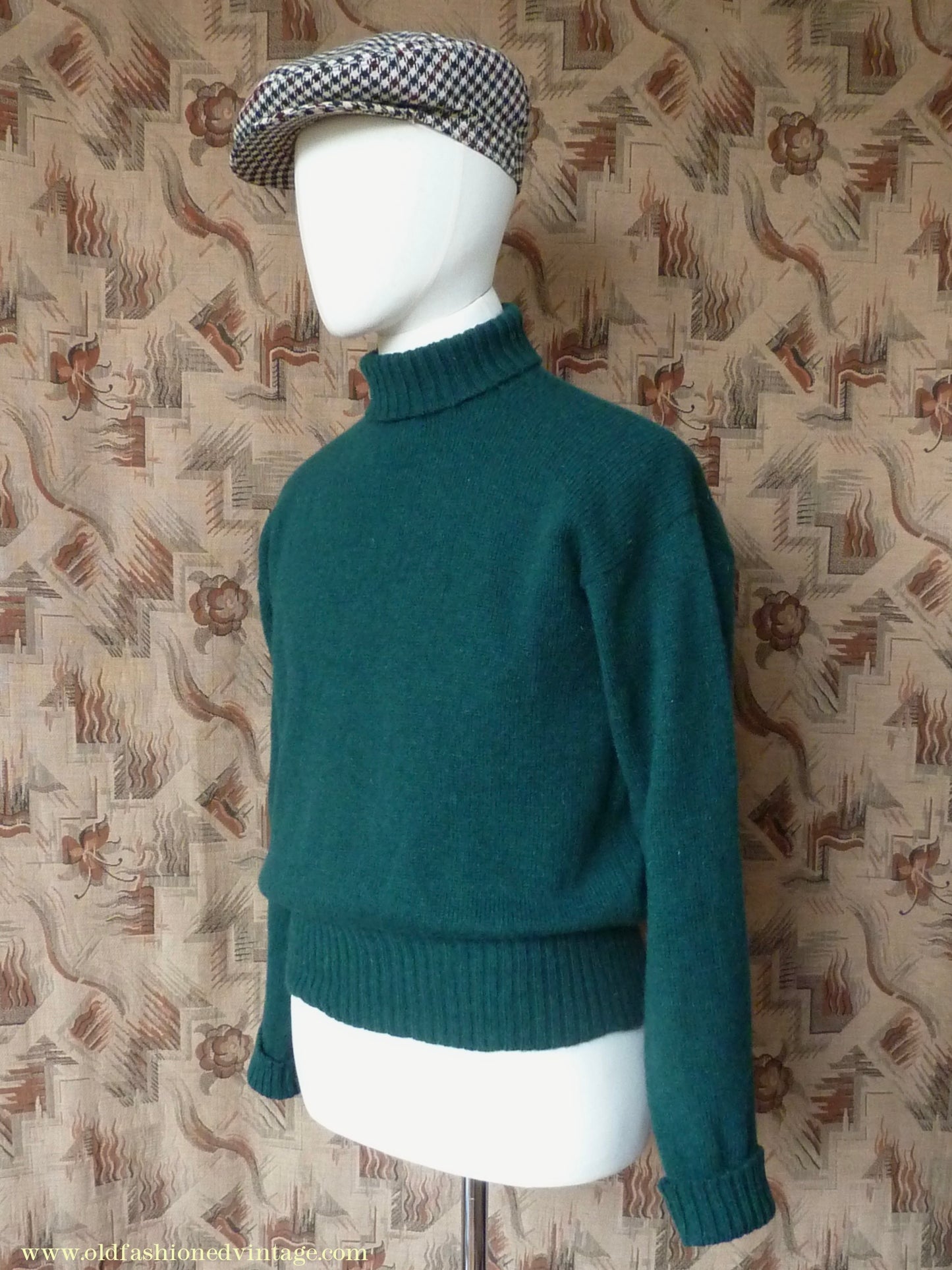 Old Fashioned Garments Vintage Reproduction 1940s Mens Roll Neck Jumper Forest Green Polo Turtle Sweater M/L