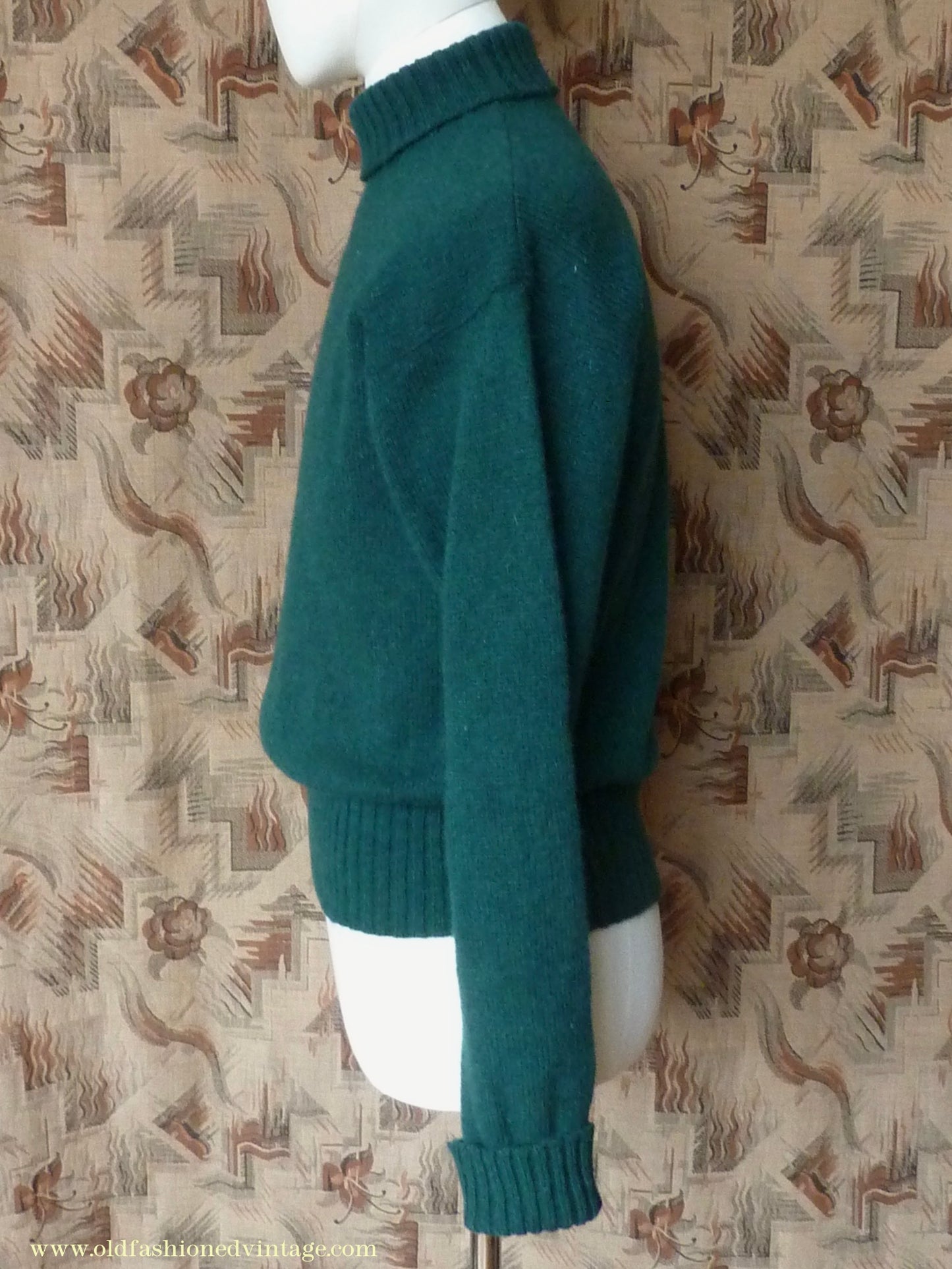 Old Fashioned Garments Vintage Reproduction 1940s Mens Roll Neck Jumper Forest Green Polo Turtle Sweater M/L