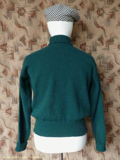 Old Fashioned Garments Vintage Reproduction 1940s Mens Roll Neck Jumper Forest Green Polo Turtle Sweater M/L