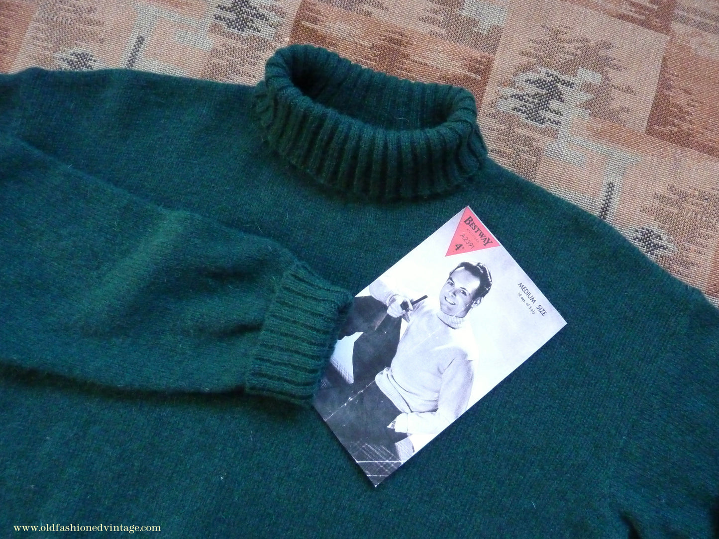 Old Fashioned Garments Vintage Reproduction 1940s Mens Roll Neck Jumper Forest Green Polo Turtle Sweater M/L