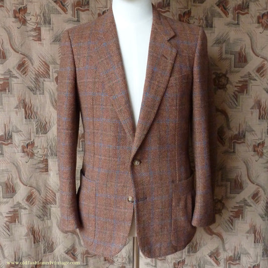 Vintage Mens 1990s does 1930s Italian Tweed Jacket Back Belt Patch Pockets Brown Windowpane Check 36"