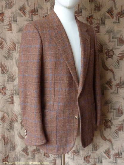 Vintage Mens 1990s does 1930s Italian Tweed Jacket Back Belt Patch Pockets Brown Windowpane Check 36"