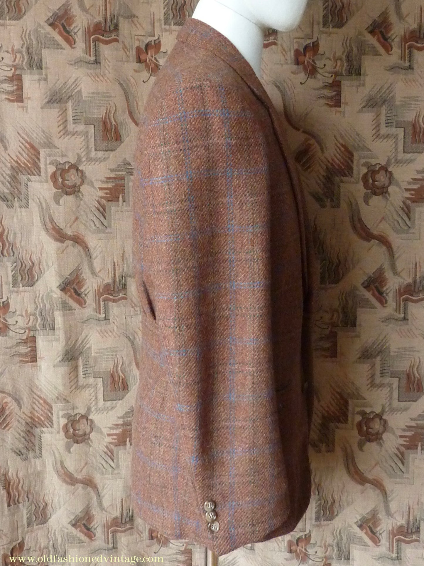 Vintage Mens 1990s does 1930s Italian Tweed Jacket Back Belt Patch Pockets Brown Windowpane Check 36"