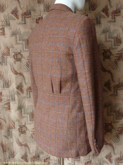 Vintage Mens 1990s does 1930s Italian Tweed Jacket Back Belt Patch Pockets Brown Windowpane Check 36"