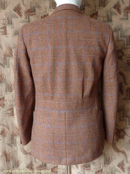 Vintage Mens 1990s does 1930s Italian Tweed Jacket Back Belt Patch Pockets Brown Windowpane Check 36"