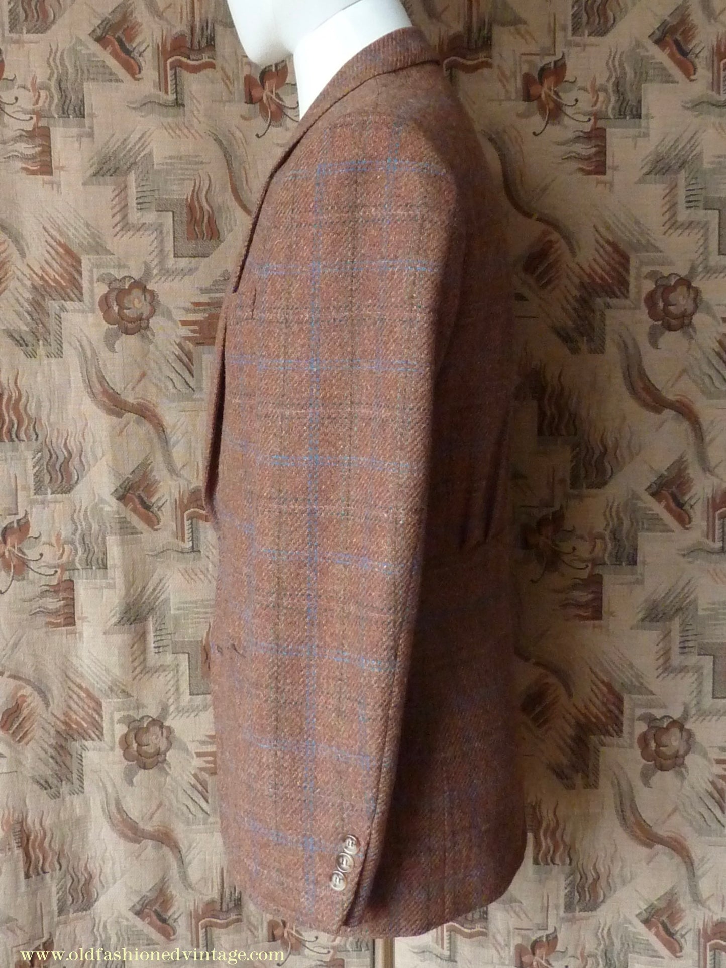 Vintage Mens 1990s does 1930s Italian Tweed Jacket Back Belt Patch Pockets Brown Windowpane Check 36"