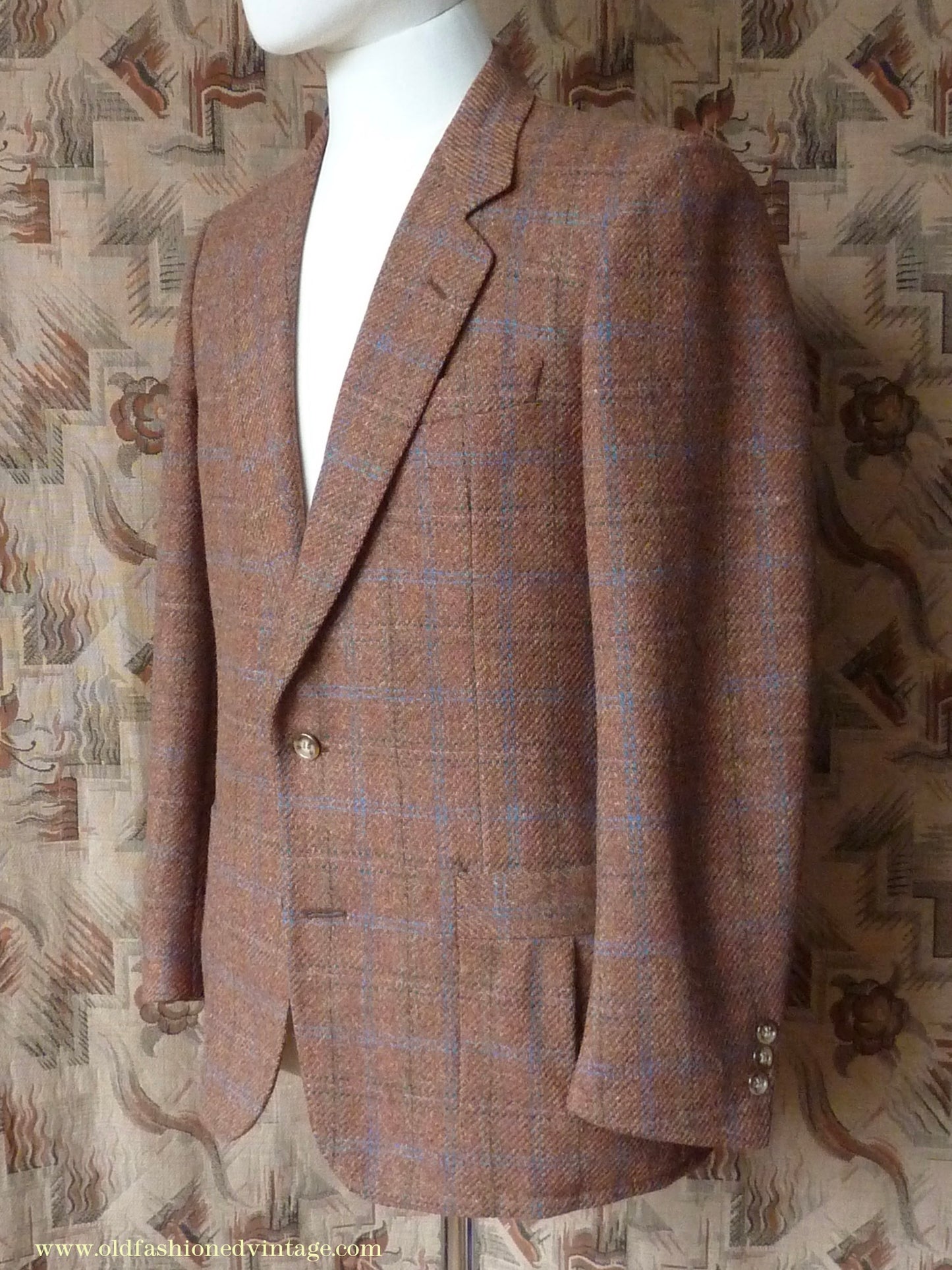 Vintage Mens 1990s does 1930s Italian Tweed Jacket Back Belt Patch Pockets Brown Windowpane Check 36"