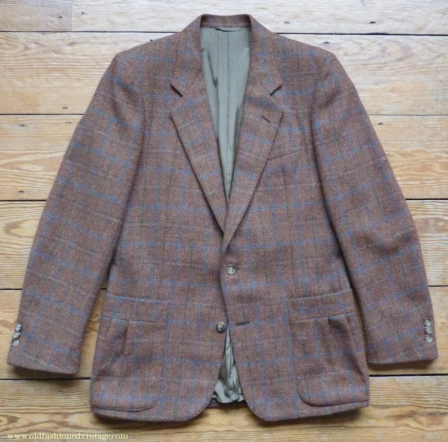 Vintage Mens 1990s does 1930s Italian Tweed Jacket Back Belt Patch Pockets Brown Windowpane Check 36"