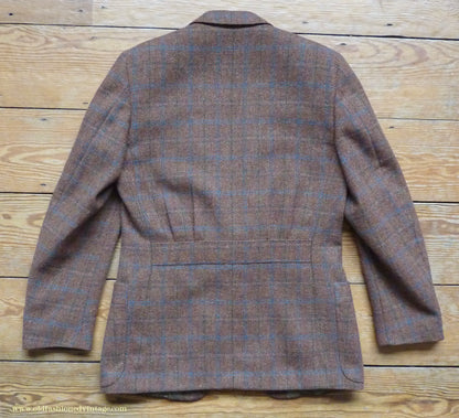 Vintage Mens 1990s does 1930s Italian Tweed Jacket Back Belt Patch Pockets Brown Windowpane Check 36"