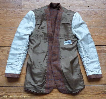 Vintage Mens 1990s does 1930s Italian Tweed Jacket Back Belt Patch Pockets Brown Windowpane Check 36"