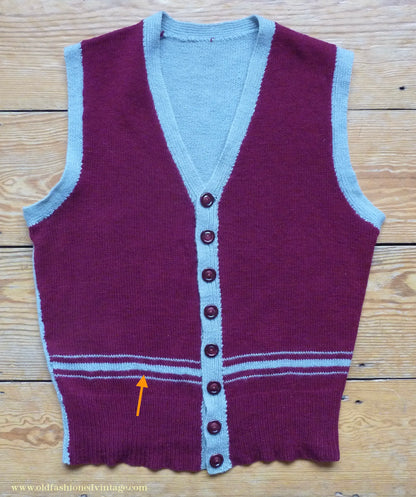 Vintage Mens 1950s Hand Knitted Waistcoat 2 Tone Burgundy Grey Wool Sleeveless Cardigan Sweater Vest S