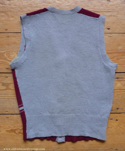 Vintage Mens 1950s Hand Knitted Waistcoat 2 Tone Burgundy Grey Wool Sleeveless Cardigan Sweater Vest S