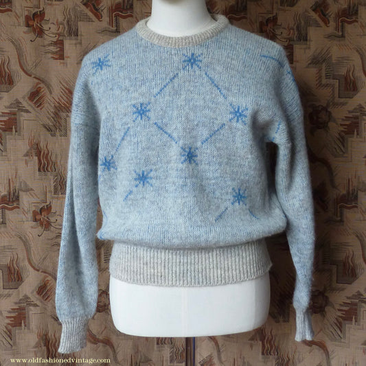 Vintage 1980s does 1950s Jumper Constellation Picture Knit Sweater Oatmeal Blue Stars M