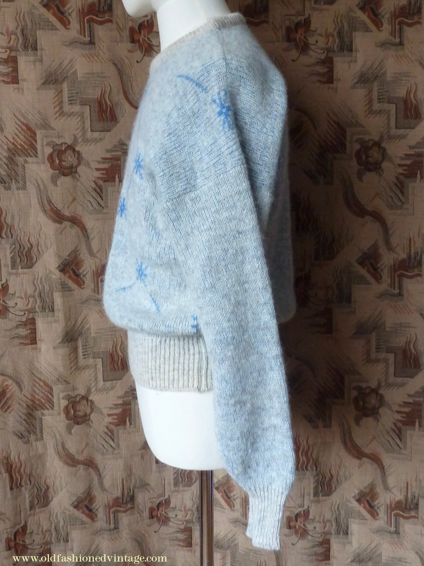 Vintage 1980s does 1950s Jumper Constellation Picture Knit Sweater Oatmeal Blue Stars M