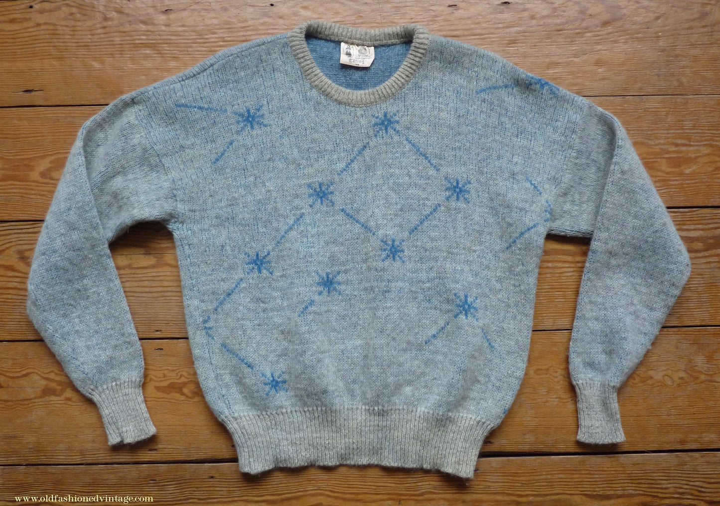 Vintage 1980s does 1950s Jumper Constellation Picture Knit Sweater Oatmeal Blue Stars M