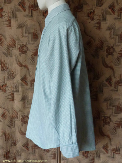Vintage Mens 1970s Pullover Work Shirt Green Check Cotton Flannel British Overhead Tunic Half Buttoned 16 1/2"