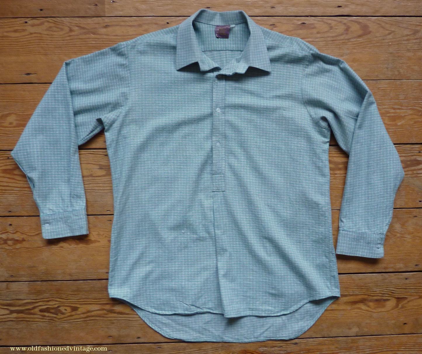 Vintage Mens 1970s Pullover Work Shirt Green Check Cotton Flannel British Overhead Tunic Half Buttoned 16 1/2"