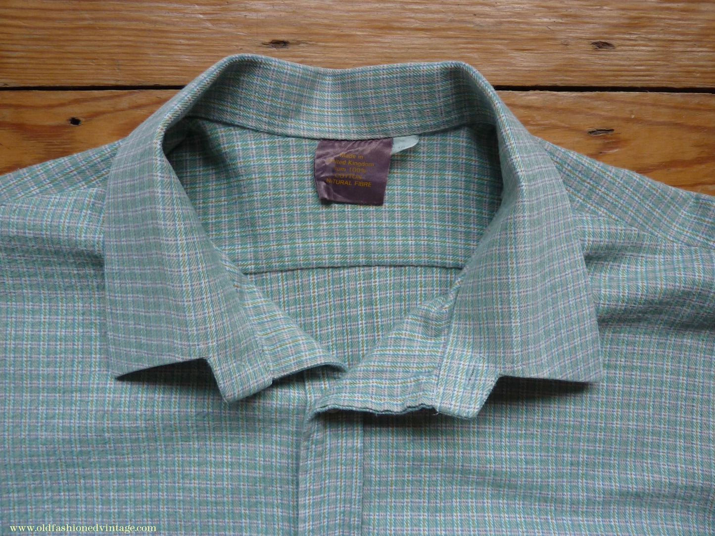 Vintage Mens 1970s Pullover Work Shirt Green Check Cotton Flannel British Overhead Tunic Half Buttoned 16 1/2"