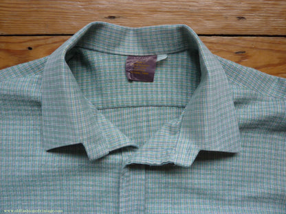 Vintage Mens 1970s Pullover Work Shirt Green Check Cotton Flannel British Overhead Tunic Half Buttoned 16 1/2"