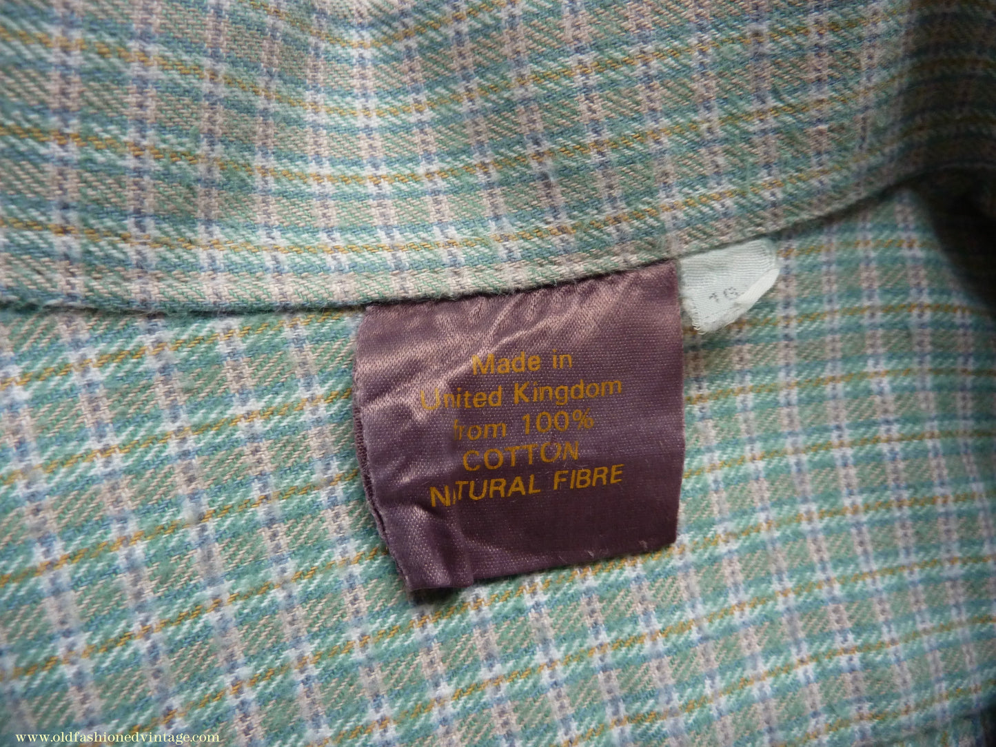 Vintage Mens 1970s Pullover Work Shirt Green Check Cotton Flannel British Overhead Tunic Half Buttoned 16 1/2"