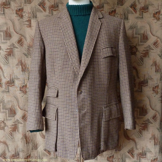 Vintage Mens 1960s Bespoke Tweed Sports Jacket Bellows Flap Pockets Brown Beige Houndstooth Shepherd Check 42"