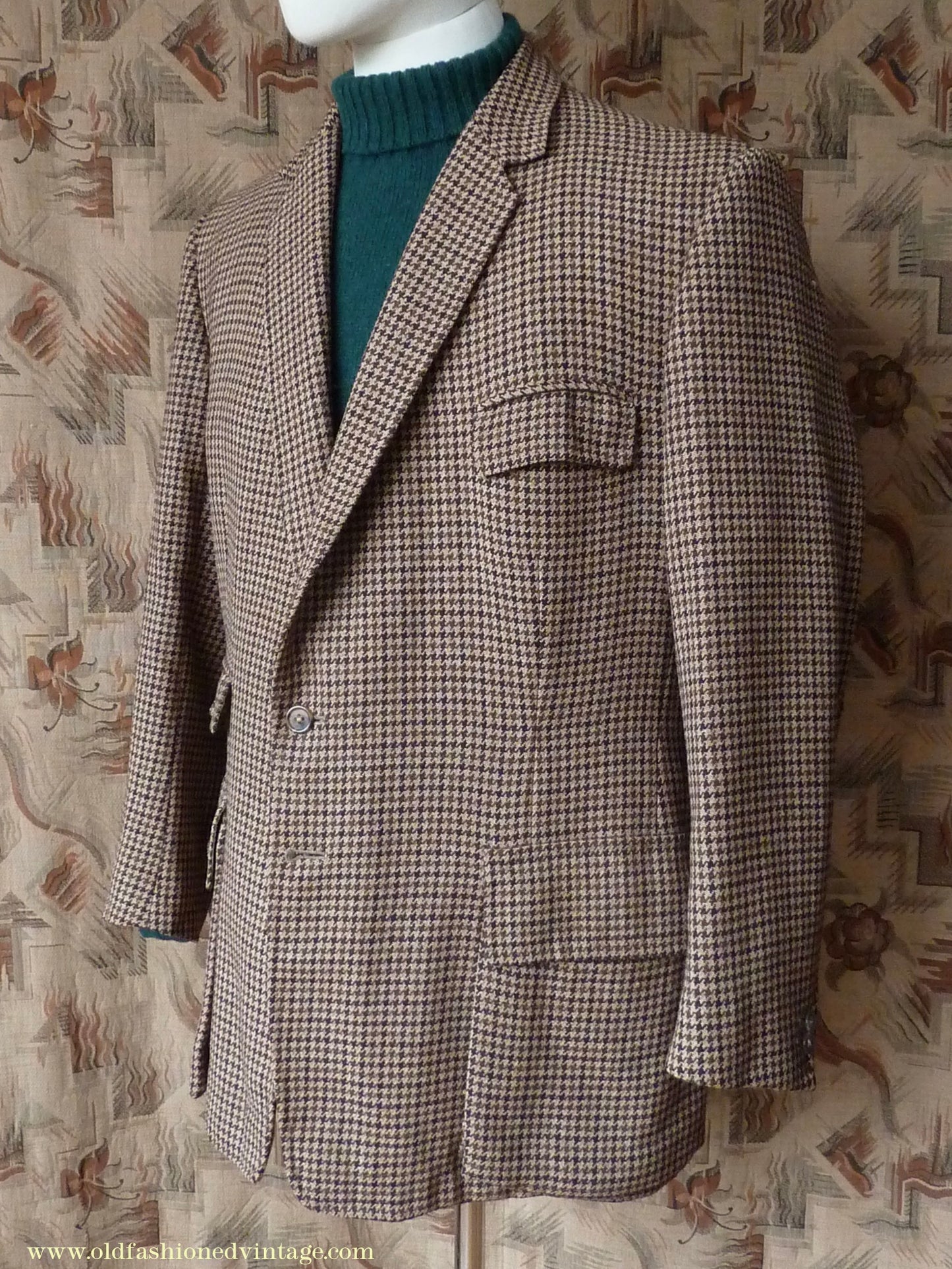 Vintage Mens 1960s Bespoke Tweed Sports Jacket Bellows Flap Pockets Brown Beige Houndstooth Shepherd Check 42"