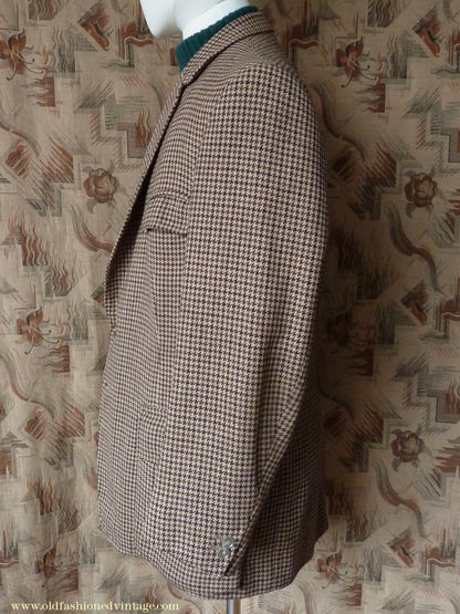 Vintage Mens 1960s Bespoke Tweed Sports Jacket Bellows Flap Pockets Brown Beige Houndstooth Shepherd Check 42"