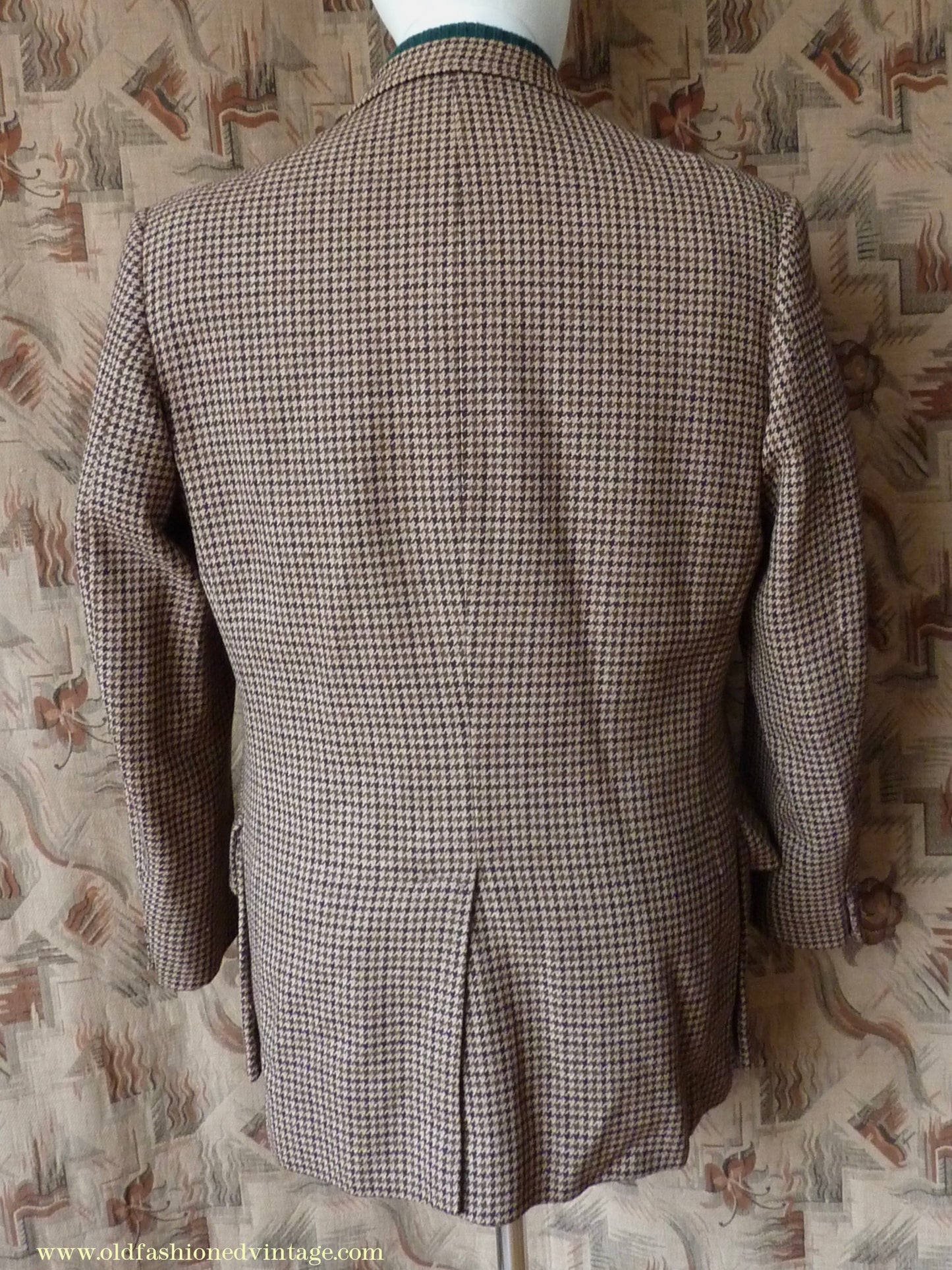 Vintage Mens 1960s Bespoke Tweed Sports Jacket Bellows Flap Pockets Brown Beige Houndstooth Shepherd Check 42"