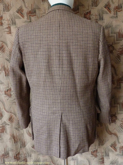 Vintage Mens 1960s Bespoke Tweed Sports Jacket Bellows Flap Pockets Brown Beige Houndstooth Shepherd Check 42"