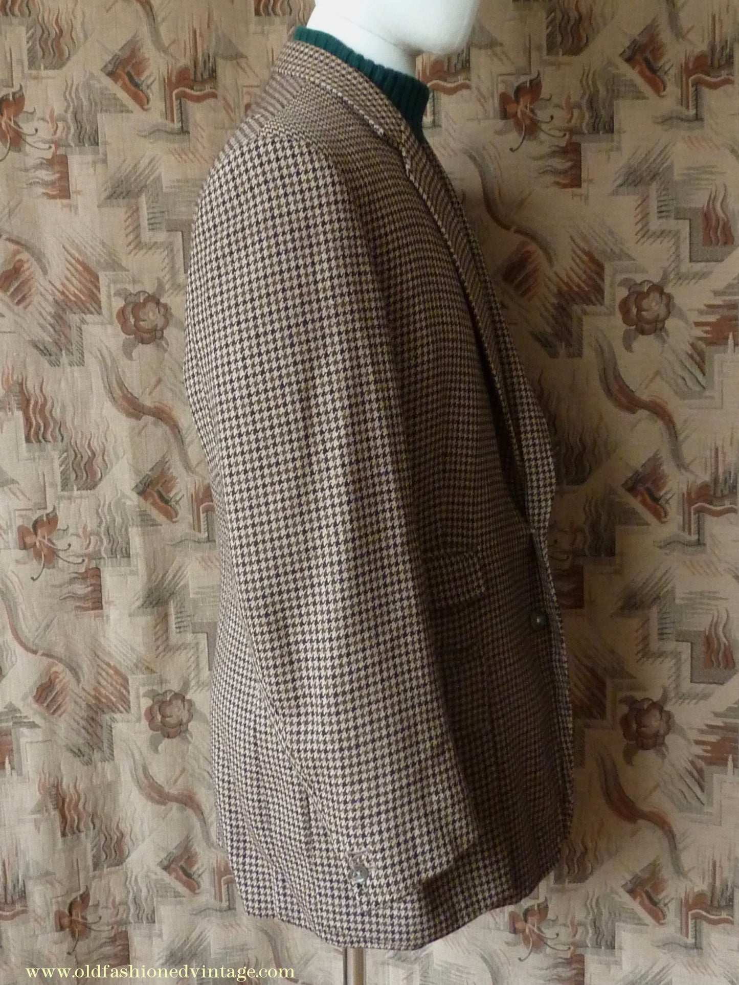 Vintage Mens 1960s Bespoke Tweed Sports Jacket Bellows Flap Pockets Brown Beige Houndstooth Shepherd Check 42"