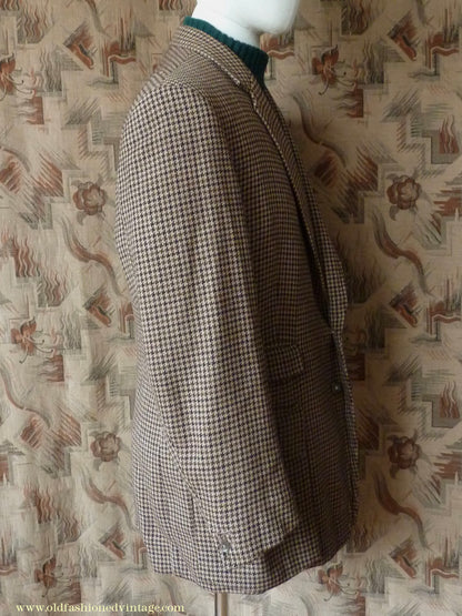 Vintage Mens 1960s Bespoke Tweed Sports Jacket Bellows Flap Pockets Brown Beige Houndstooth Shepherd Check 42"