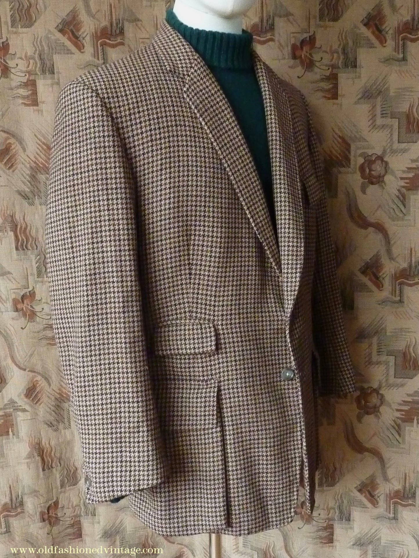 Vintage Mens 1960s Bespoke Tweed Sports Jacket Bellows Flap Pockets Brown Beige Houndstooth Shepherd Check 42"