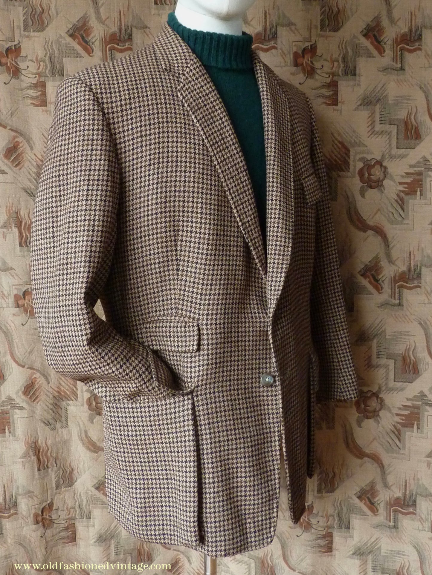 Vintage Mens 1960s Bespoke Tweed Sports Jacket Bellows Flap Pockets Brown Beige Houndstooth Shepherd Check 42"