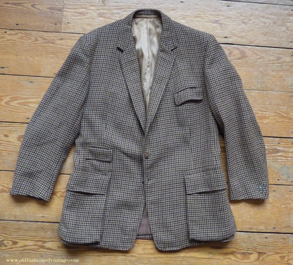 Vintage Mens 1960s Bespoke Tweed Sports Jacket Bellows Flap Pockets Brown Beige Houndstooth Shepherd Check 42"