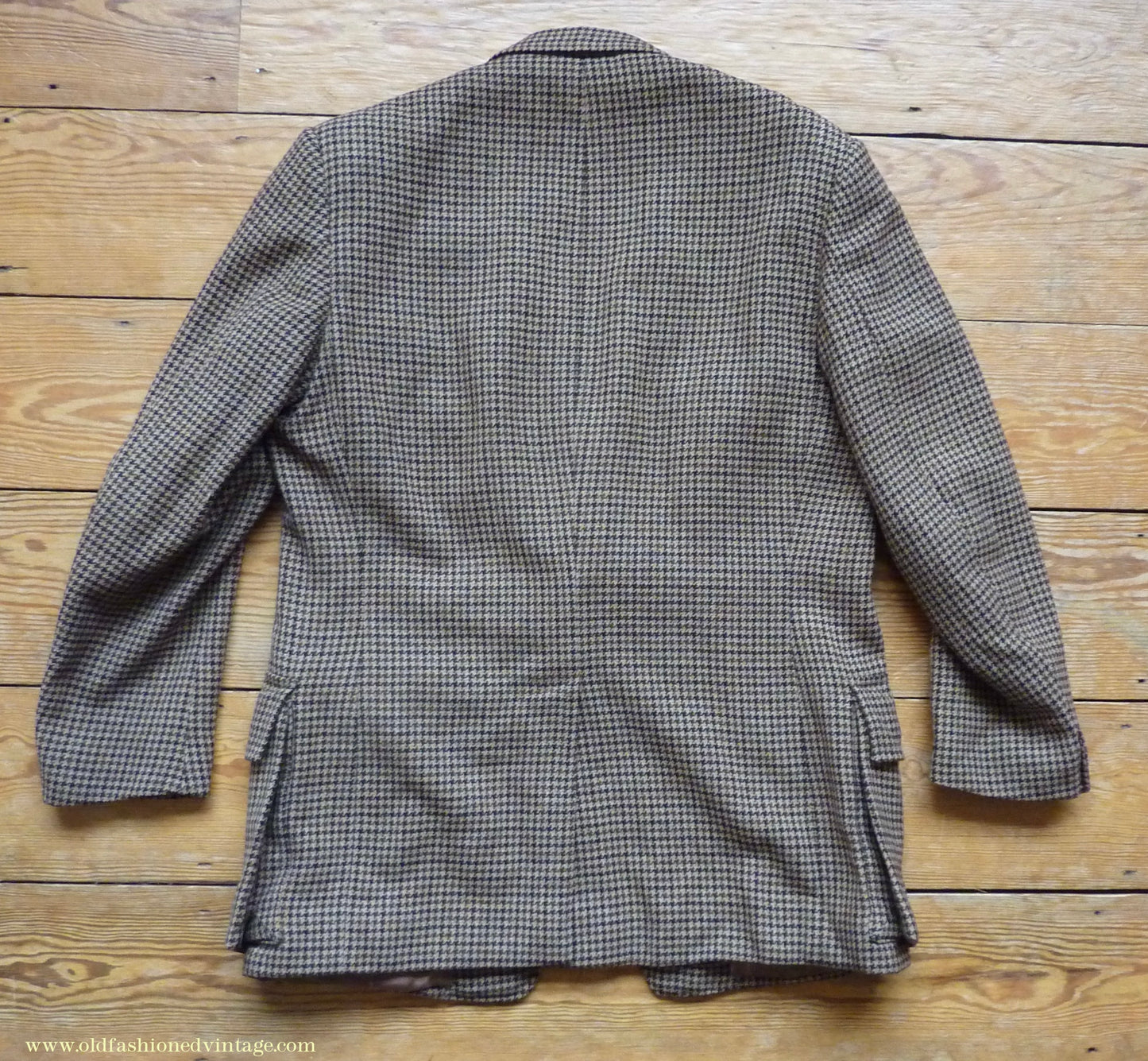 Vintage Mens 1960s Bespoke Tweed Sports Jacket Bellows Flap Pockets Brown Beige Houndstooth Shepherd Check 42"