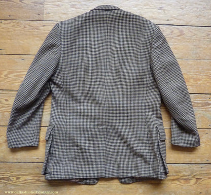Vintage Mens 1960s Bespoke Tweed Sports Jacket Bellows Flap Pockets Brown Beige Houndstooth Shepherd Check 42"