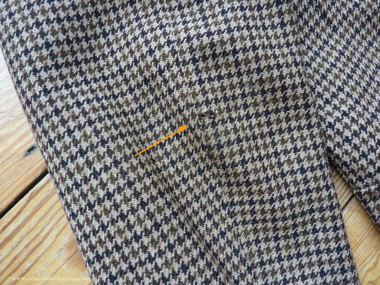 Vintage Mens 1960s Bespoke Tweed Sports Jacket Bellows Flap Pockets Brown Beige Houndstooth Shepherd Check 42"