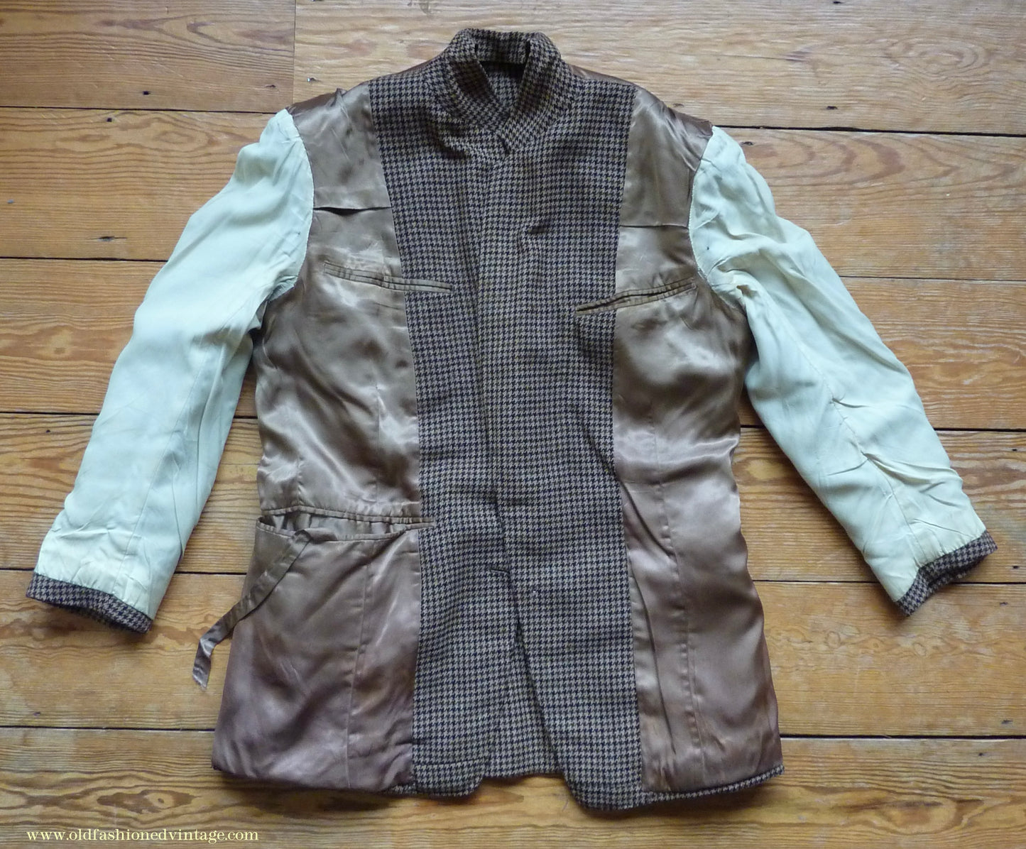 Vintage Mens 1960s Bespoke Tweed Sports Jacket Bellows Flap Pockets Brown Beige Houndstooth Shepherd Check 42"