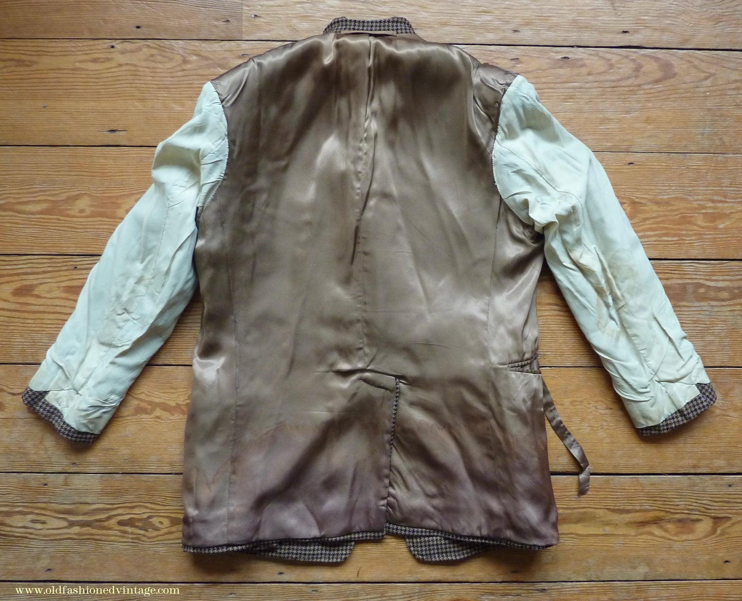 Vintage Mens 1960s Bespoke Tweed Sports Jacket Bellows Flap Pockets Brown Beige Houndstooth Shepherd Check 42"