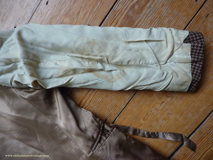 Vintage Mens 1960s Bespoke Tweed Sports Jacket Bellows Flap Pockets Brown Beige Houndstooth Shepherd Check 42"