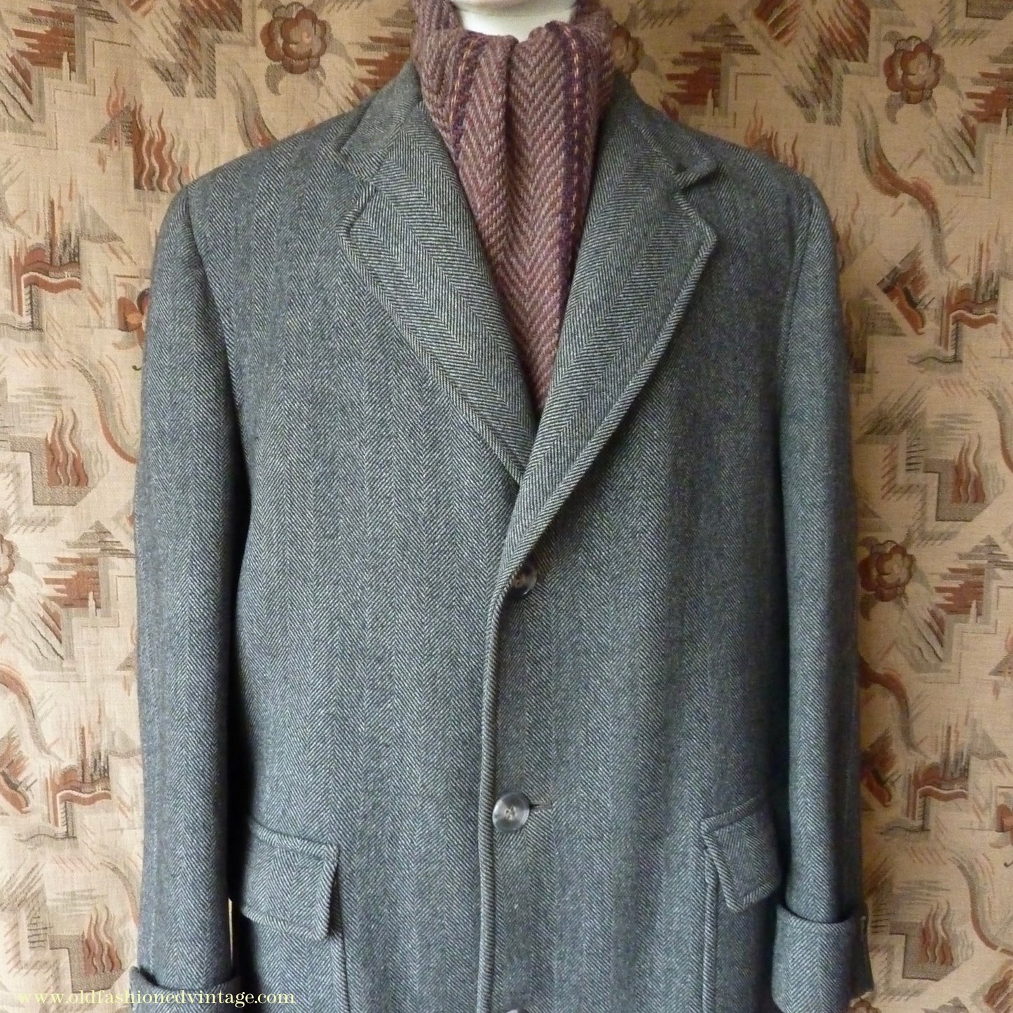 Vintage 1950s Mens Burton Single Breasted Overcoat Coat Grey Herringbone Tweed Wool 42"